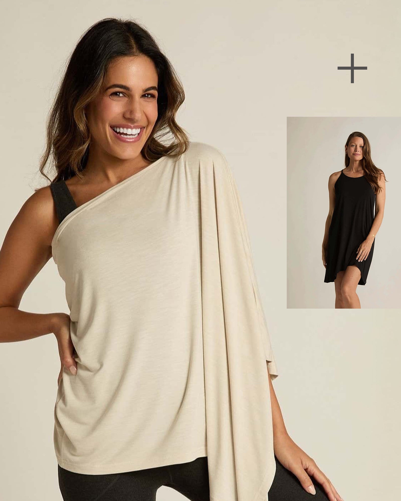 Woman wearing a beige one-shoulder top and black leggings on a beige background a smaller photo is overlayed of a woman wearing a black nightgown