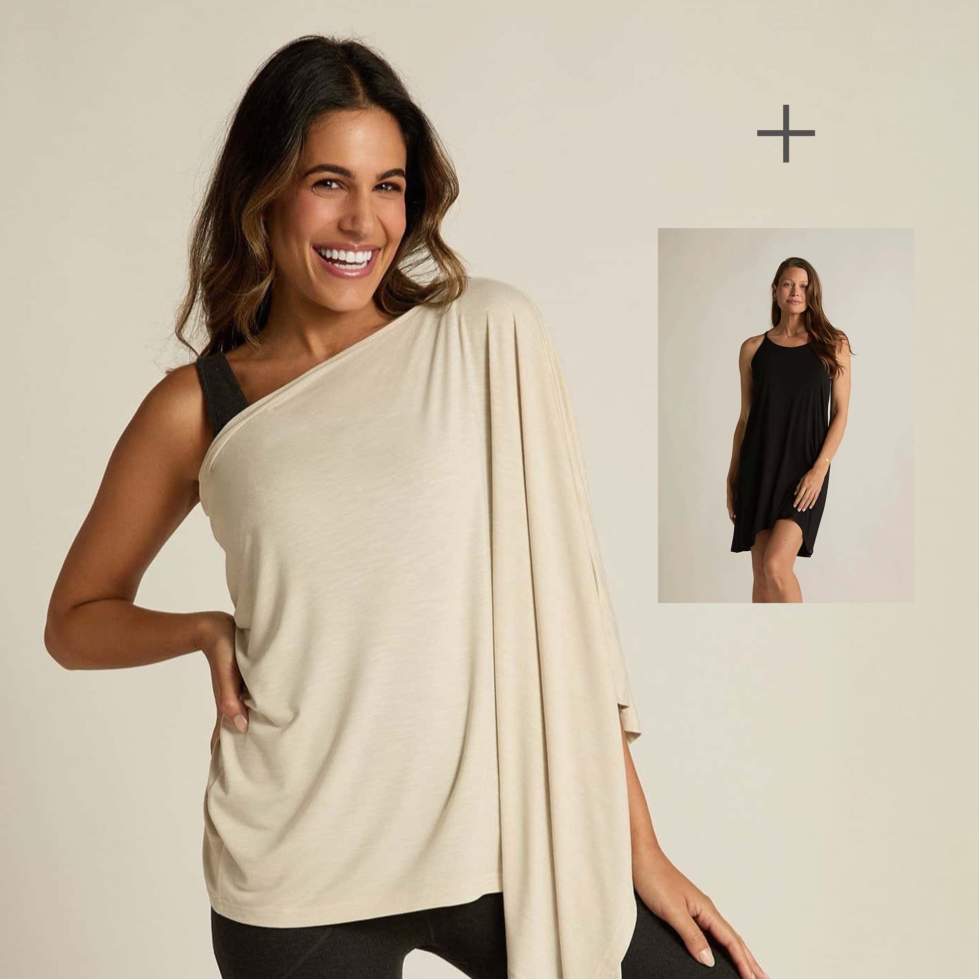 Woman wearing a beige one-shoulder top and black leggings on a beige background a smaller photo is overlayed of a woman wearing a black nightgown