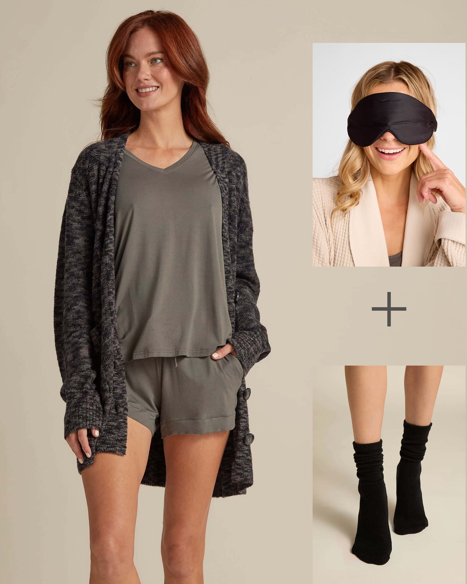 Woman wearing a gray loungewear set with a close-up of a woman wearing a black sleep mask.