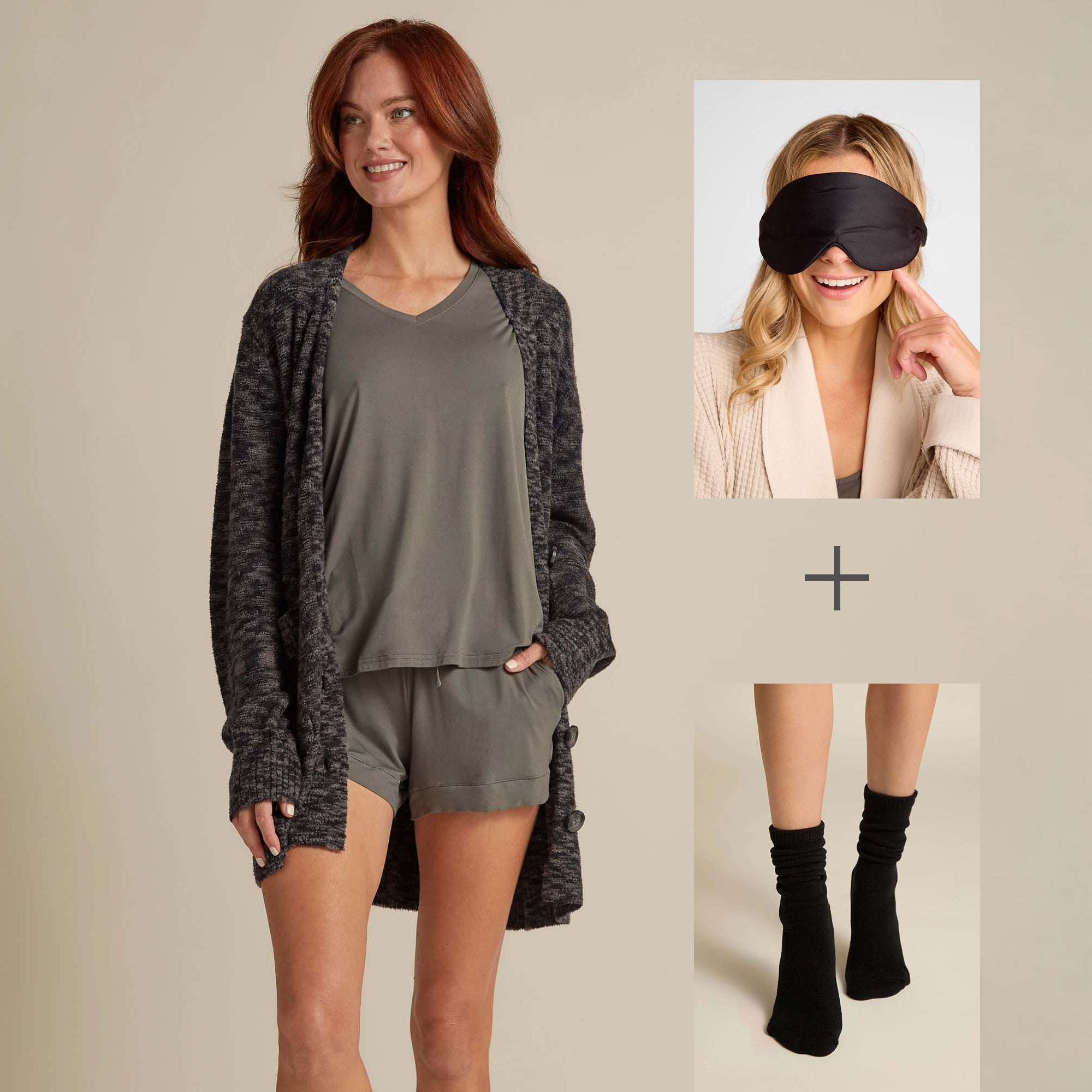 Woman wearing a gray loungewear set with a close-up of a woman wearing a black sleep mask.