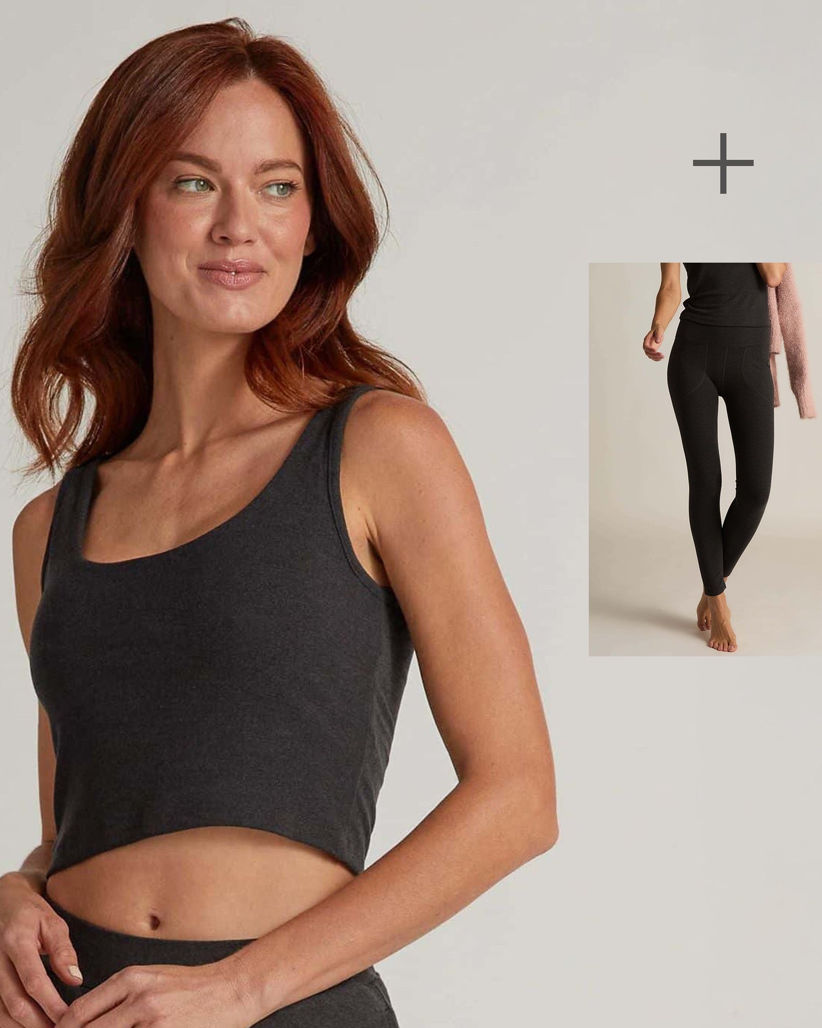 Woman wearing a dark gray crop top on a plain background with a smaller photo of black leggings overlayed