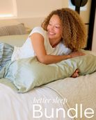 Woman lying on a bed with a green body pillow, text 'better sleep Bundle' below.