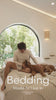 man sitting on bed petting dog with the words 'Bedding made to live in - Faceplant Dreams' below