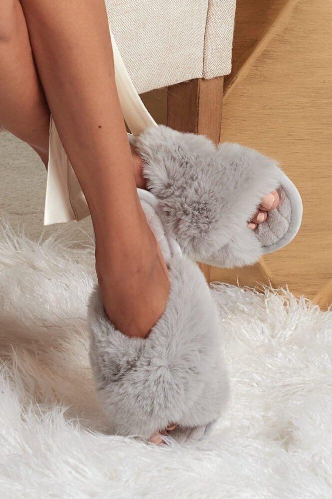 Duvet Day Pink Ultra Soft Faux Fur Cross Strap Slippers